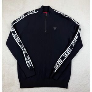 Guess Tom Mock Neck Zip Sweater XL Black Logo Tape Quarter Zip Knit NWT